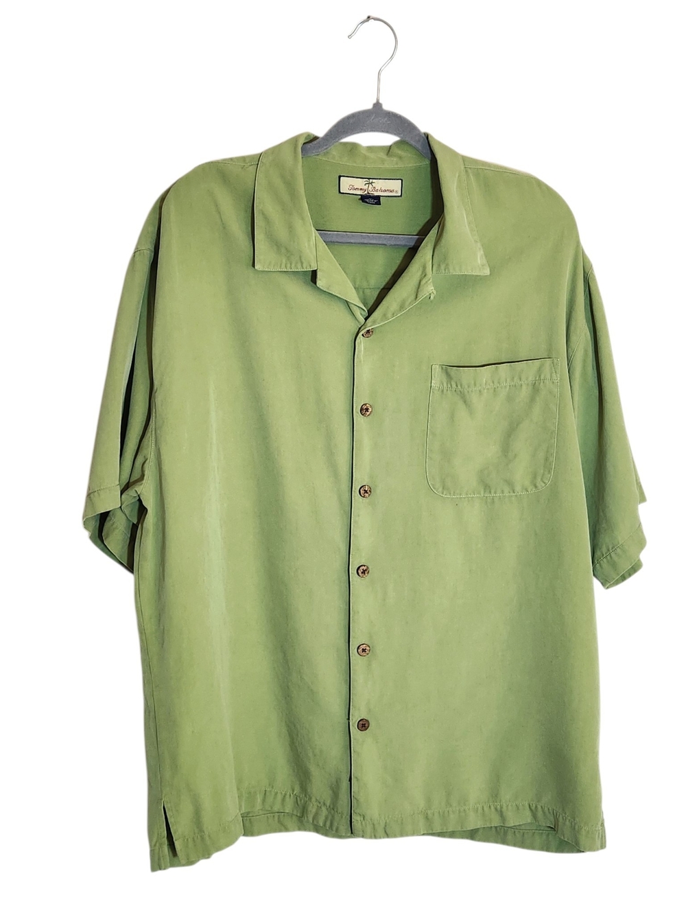 Tommy Bahama Green Silk Coastal Short Sleeve Button Down Shirt Size XL Flaw